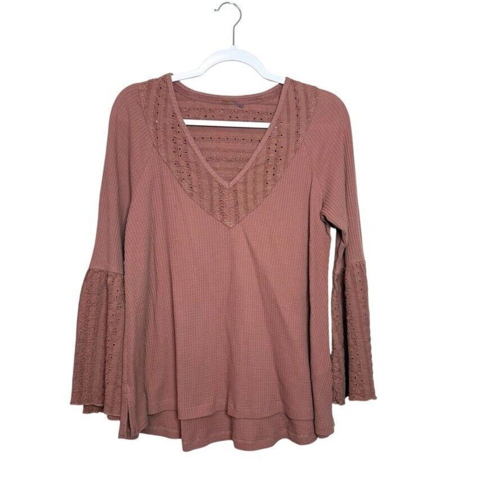 Free People Parisian Nights Top Women L Rose Mauve Bell Sleeve Boho